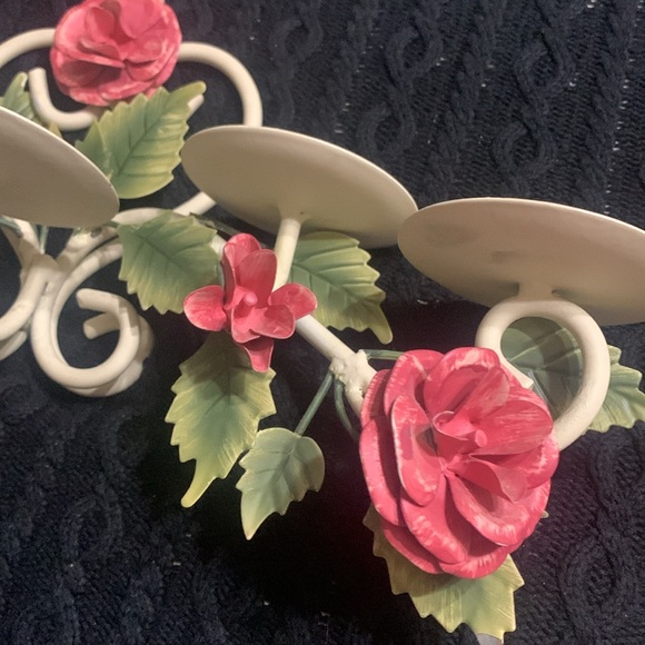 Vintage 5 Candle Shabby Chic Toleware Rose Floral Candle Wall Sconce - Picture 3 of 7